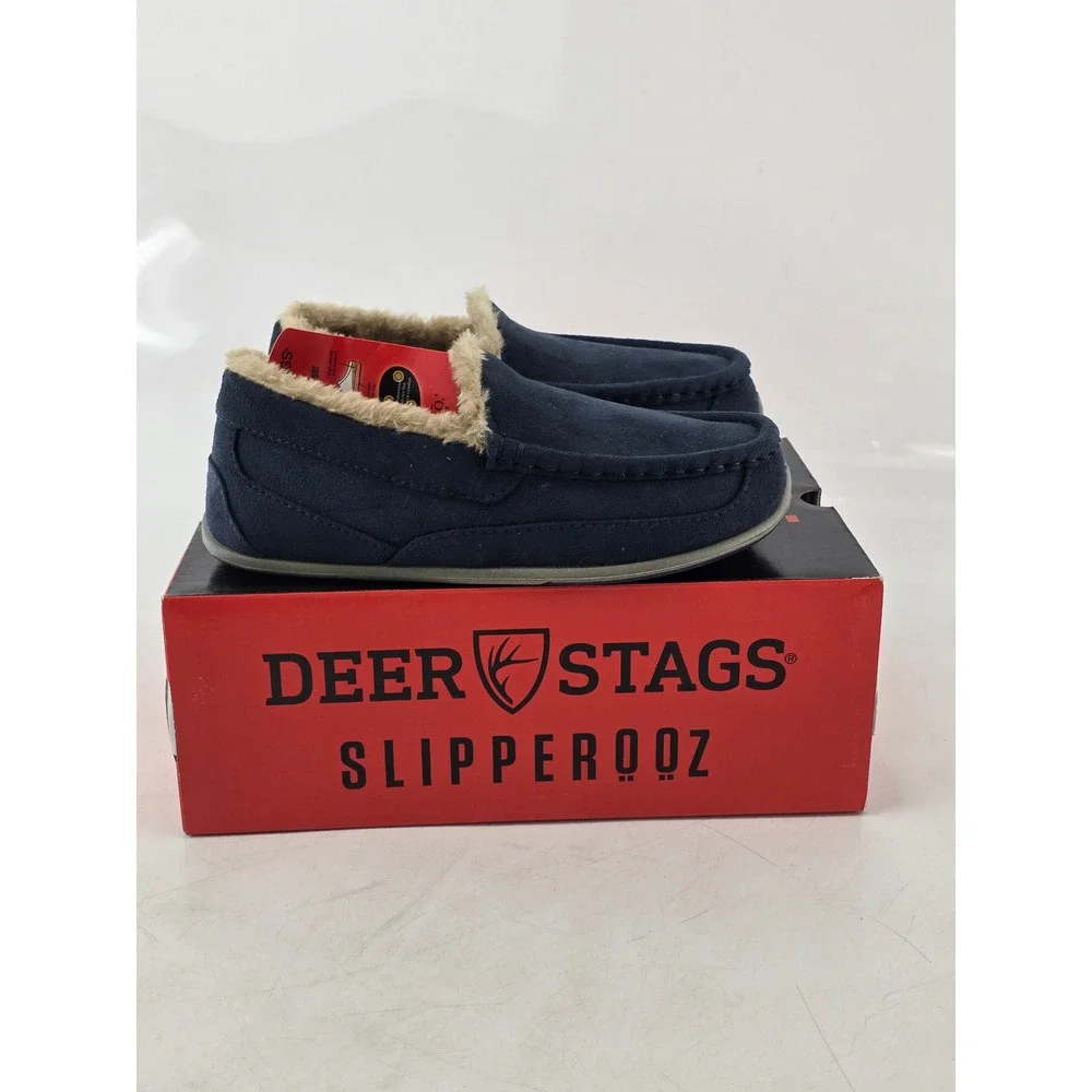 Deer Stags Lil Spun Moccasin Slippers Boys 4M Navy Blue Faux Fur Lined - New